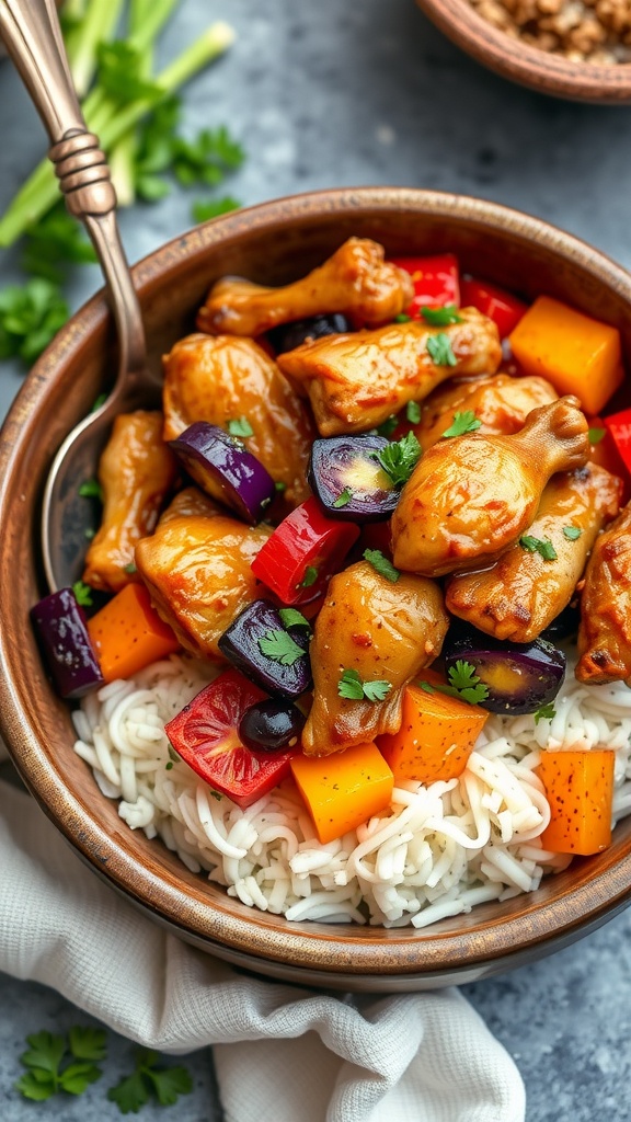 Honey garlic chicken with colorful vegetables in a bowl