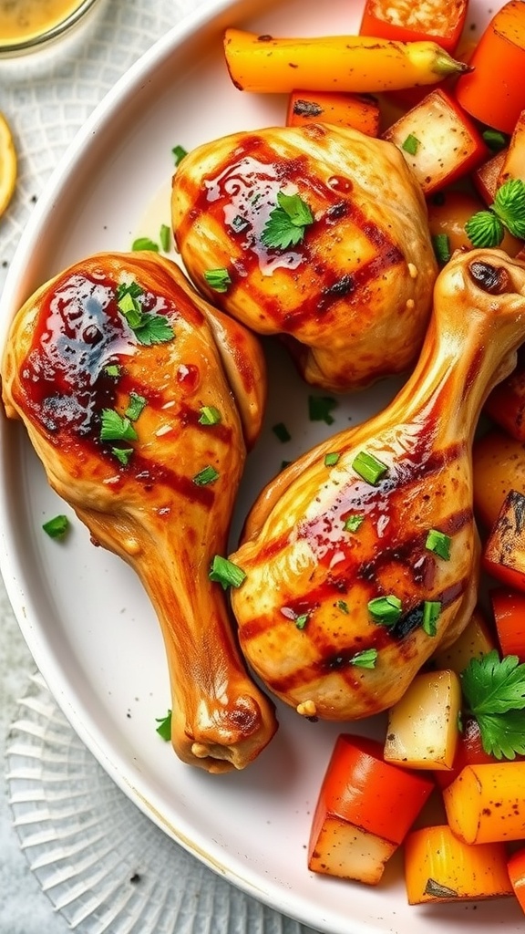 Honey garlic glazed chicken drumsticks on a plate with colorful vegetables.