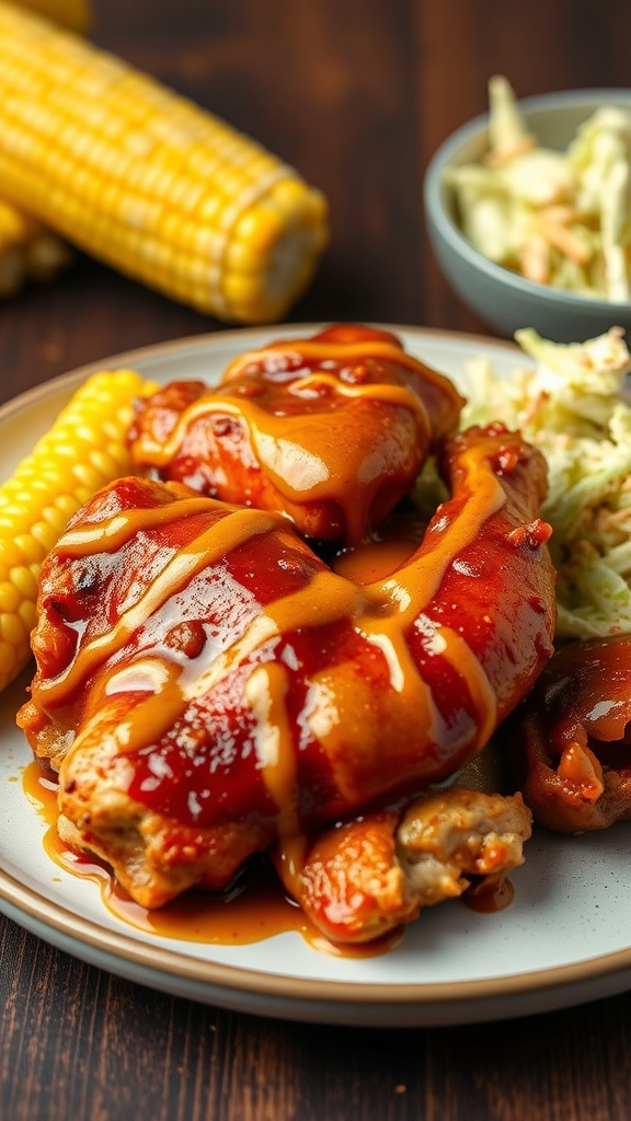 A plate of honey mustard BBQ chicken served with corn and coleslaw.