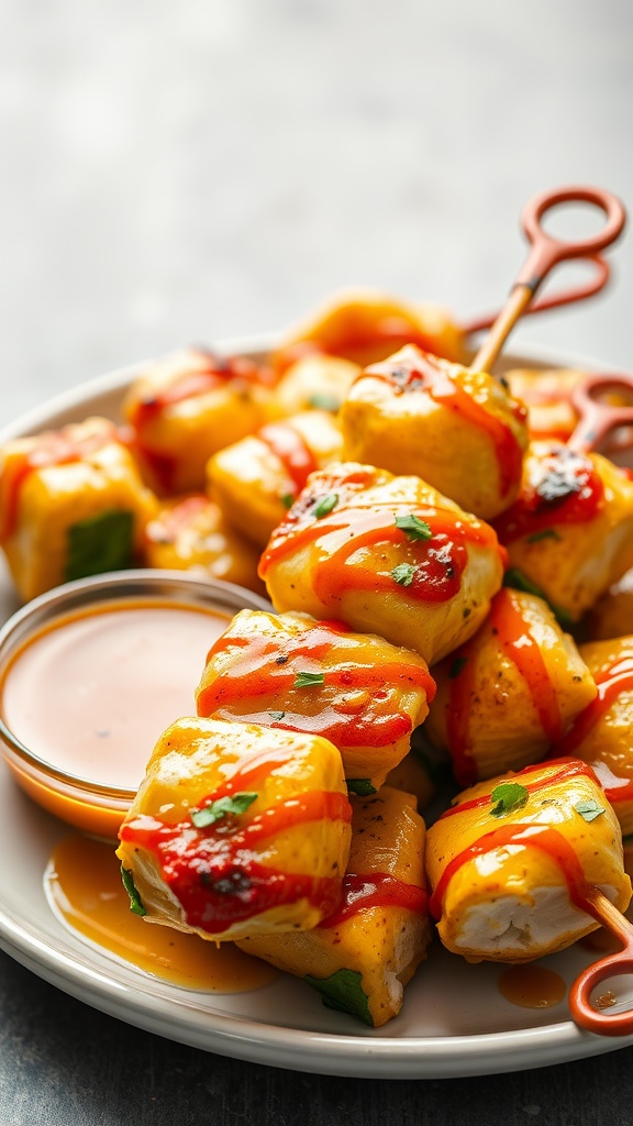 A plate of honey mustard chicken skewers drizzled with sauce.