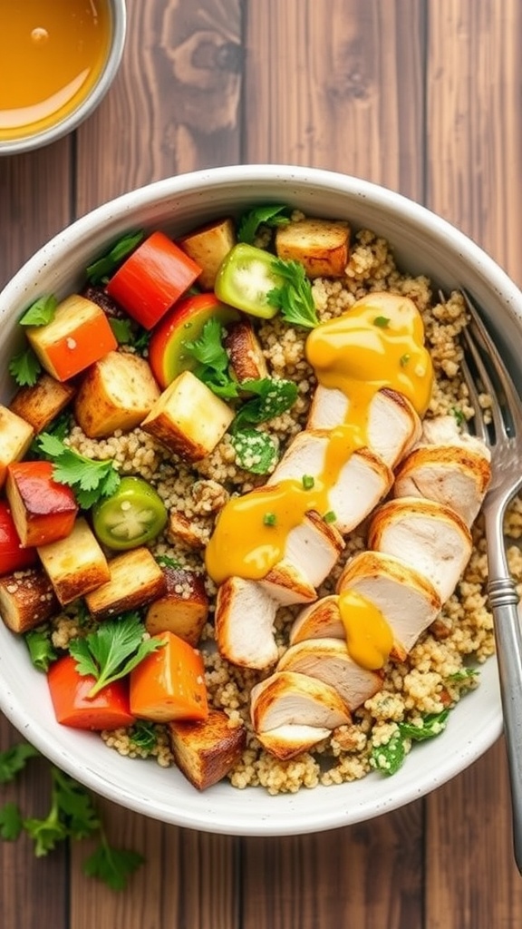 A delicious honey mustard chicken strip bowl with quinoa, grilled chicken, and fresh vegetables.