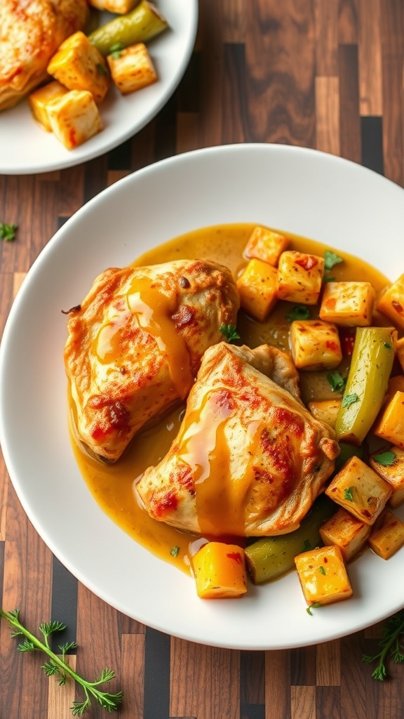 A close-up of honey mustard chicken thighs in a slow cooker with vegetables.
