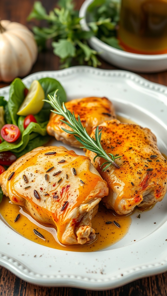 Honey mustard chicken thighs served with a fresh salad