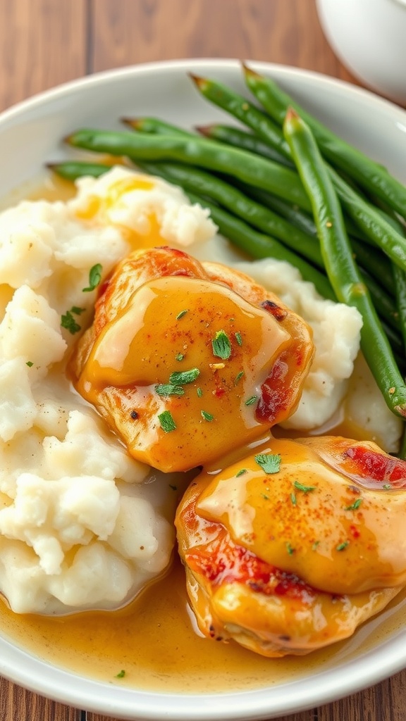 Honey mustard chicken thighs served with green beans and mashed potatoes