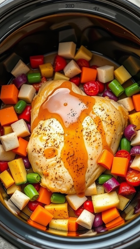 A slow cooker filled with chicken breasts and colorful vegetables drizzled with honey mustard sauce.