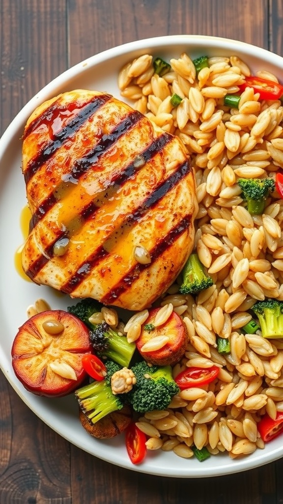 Honey mustard chicken served with wild rice and mixed vegetables