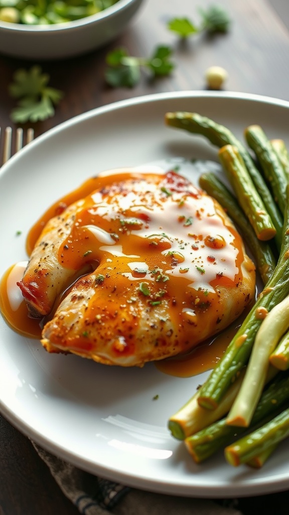 A plate of honey mustard glazed chicken with green beans, showcasing a delicious meal.