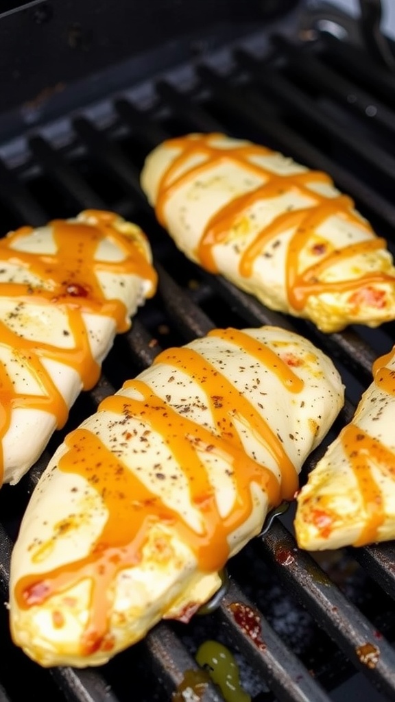 Grilled honey mustard glazed chicken breasts on a BBQ grill.