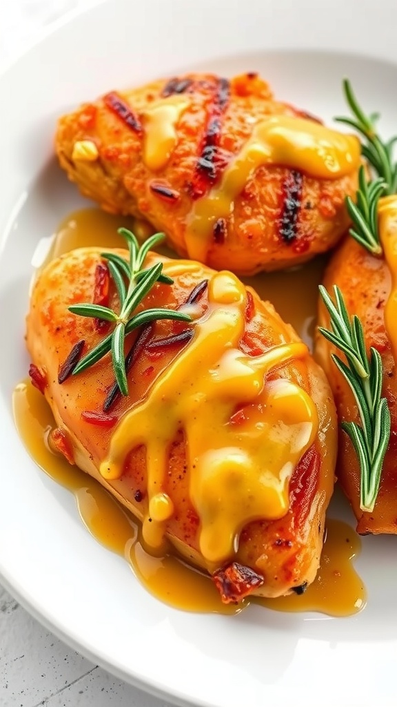 Grilled chicken breasts glazed with honey mustard sauce and garnished with rosemary.