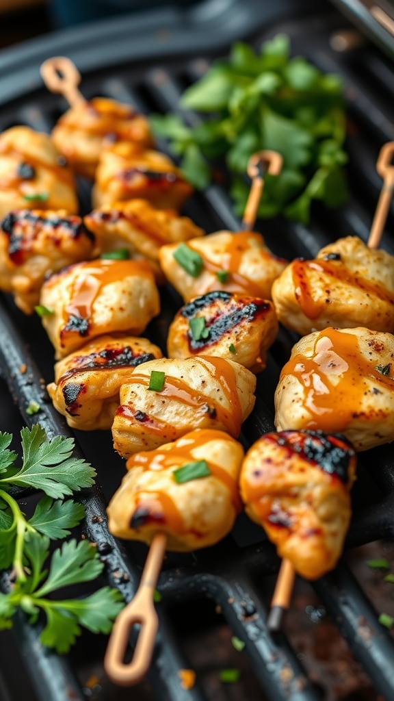 Honey mustard glazed chicken skewers on a grill