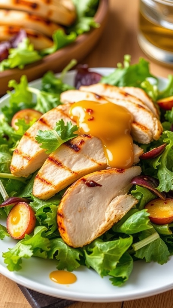 A delicious honey mustard grilled chicken salad with greens, vegetables, and sliced chicken.