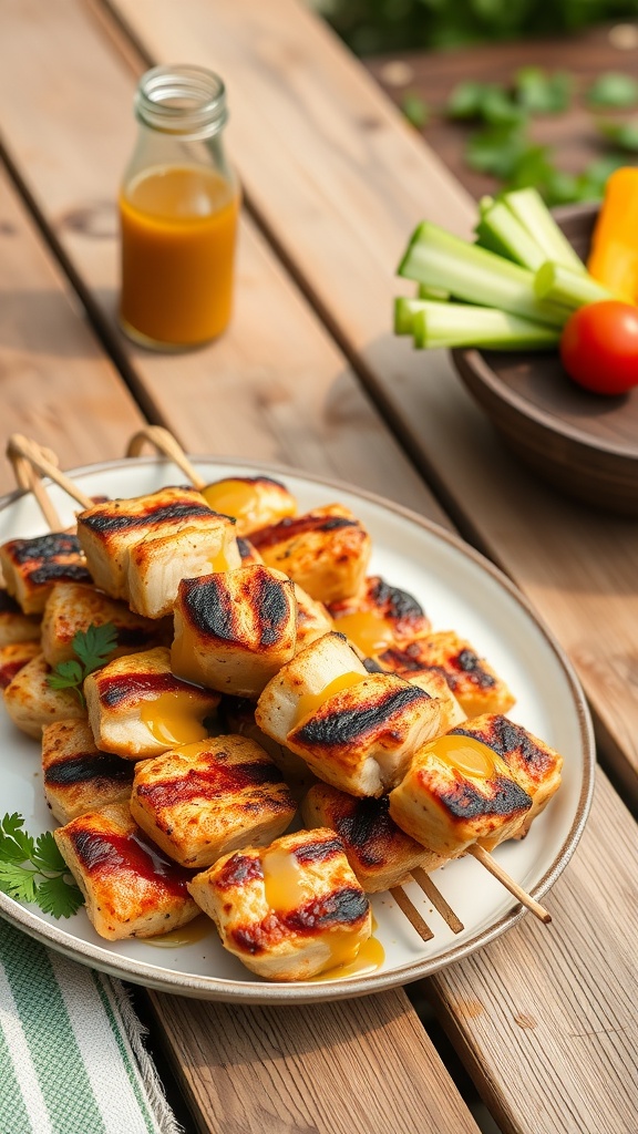 Grilled chicken skewers with honey mustard glaze on a plate, surrounded by fresh vegetables.