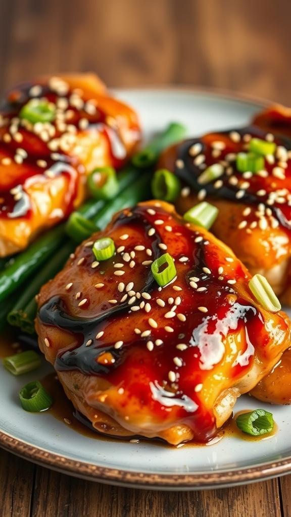 Honey soy glazed chicken thighs garnished with green onions and sesame seeds