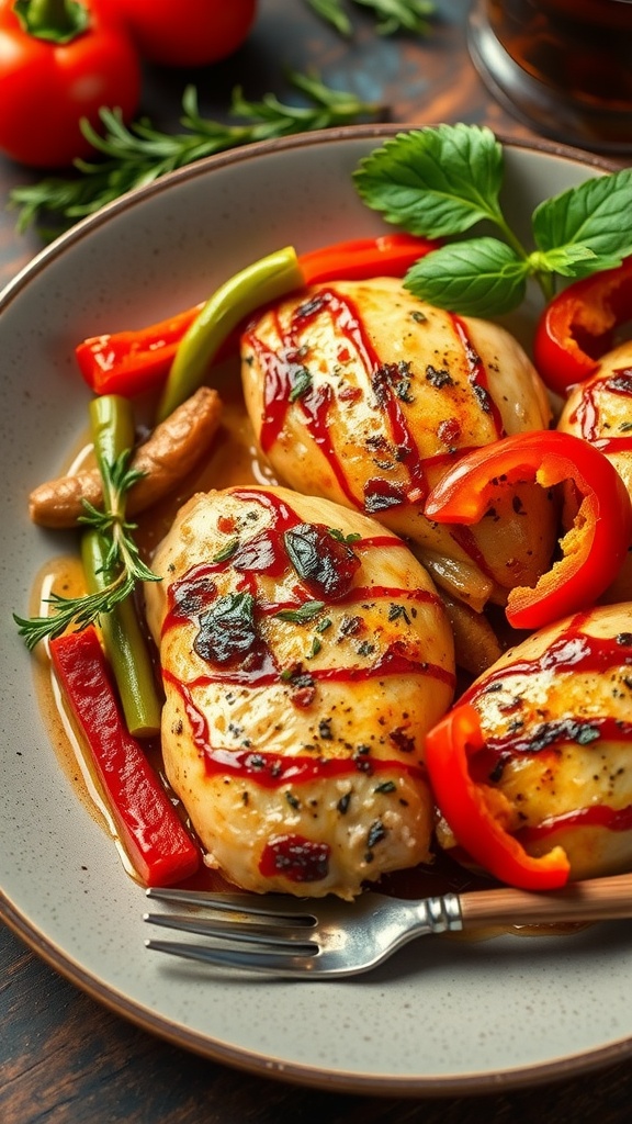 A plate of Italian chicken served with colorful bell peppers and herbs