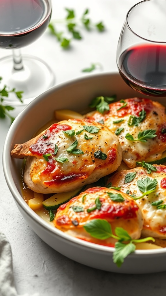 A baked chicken dish with zucchini and melted cheese, garnished with herbs.