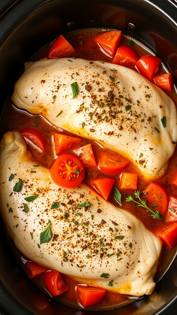 A slow cooker filled with chicken breasts and diced tomatoes, seasoned with herbs.