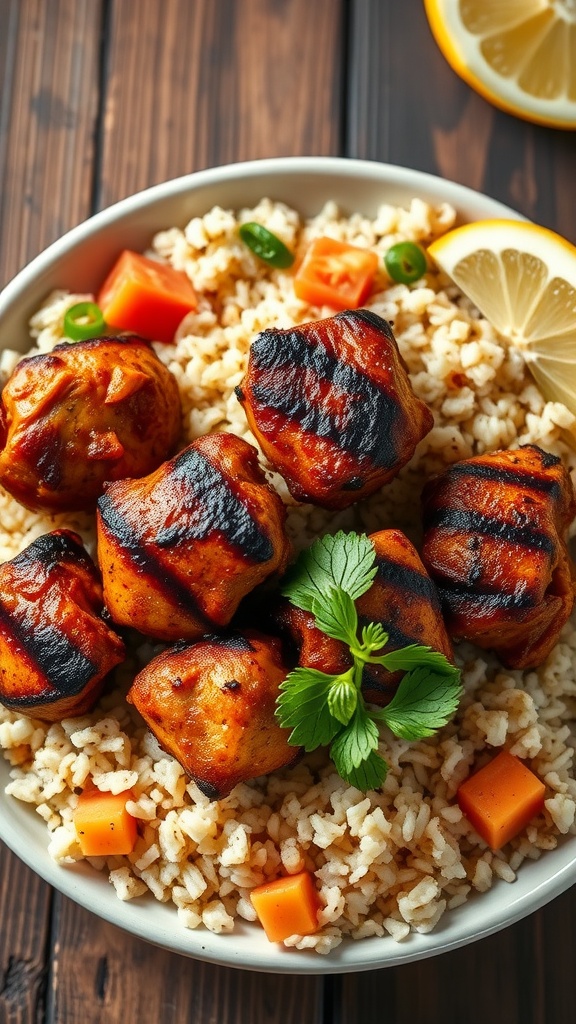A plate of jerk chicken served over coconut jasmine rice with diced carrots and garnished with cilantro.