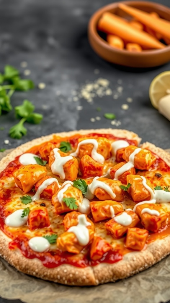 Keto Buffalo Chicken Pizza with chicken pieces and ranch dressing