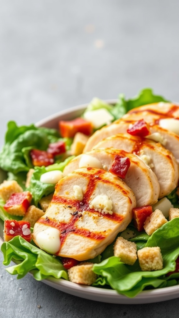 A delicious Keto Chicken Caesar Salad with grilled chicken, greens, and croutons.