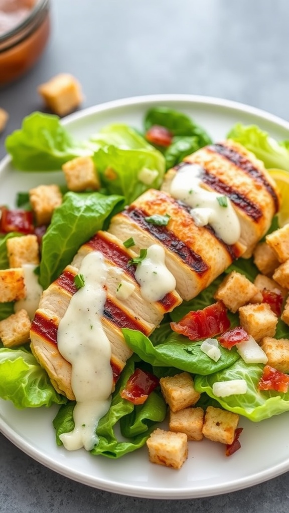 A delicious Keto Chicken Caesar Salad with grilled chicken, lettuce, and Caesar dressing.