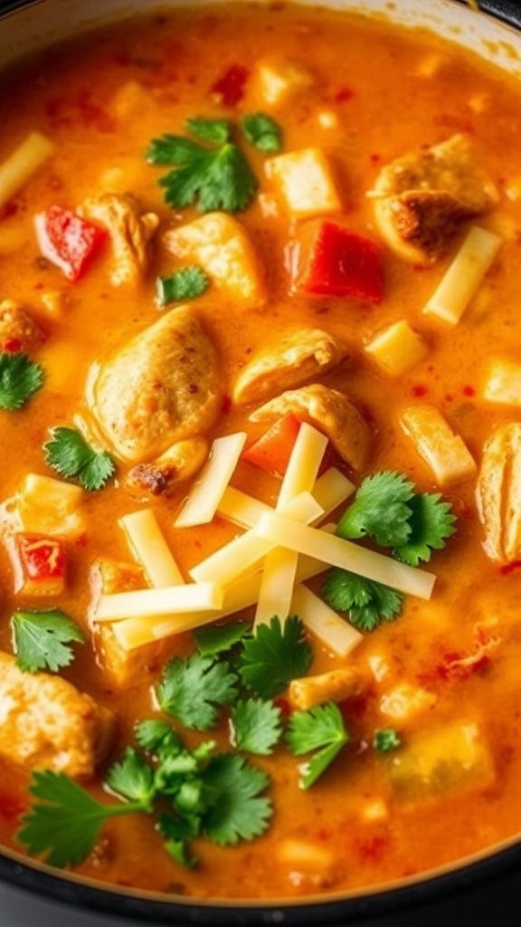 A close-up of a bowl of Keto Chicken Enchilada Soup with shredded chicken, cheese, and cilantro