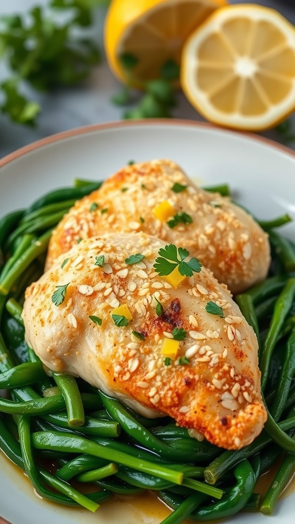 Two chicken breasts on a bed of green beans, garnished with herbs and lemon.