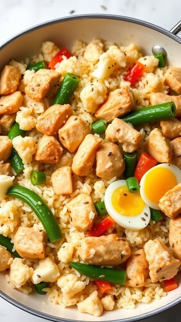 A close-up view of a pan filled with Keto Chicken Fried Cauliflower Rice, featuring chicken, green beans, red bell peppers, and cauliflower.