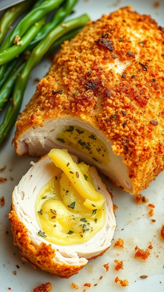 A close-up of a crispy Chicken Kiev with melted butter and herbs inside