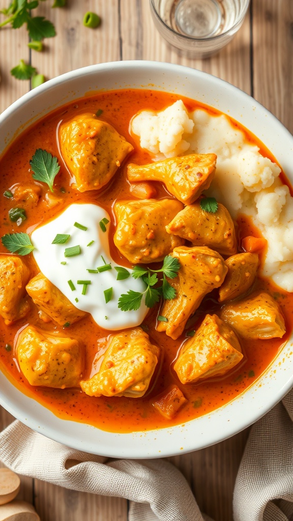 A bowl of creamy Keto Chicken Paprikash with chunks of chicken, topped with sour cream and herbs.