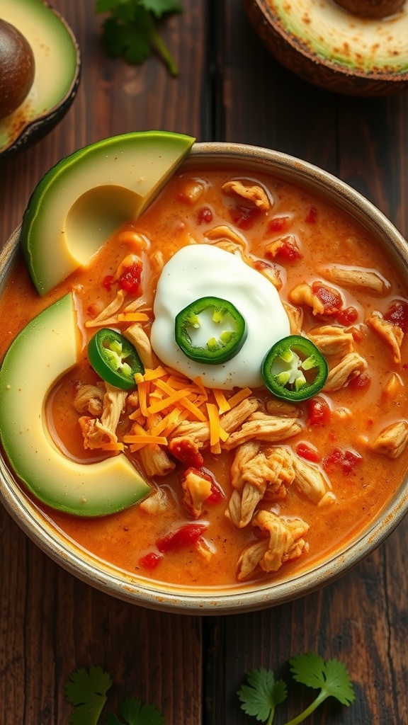A bowl of Keto Chicken Taco Soup garnished with avocado, jalapeños, shredded cheese, and sour cream.
