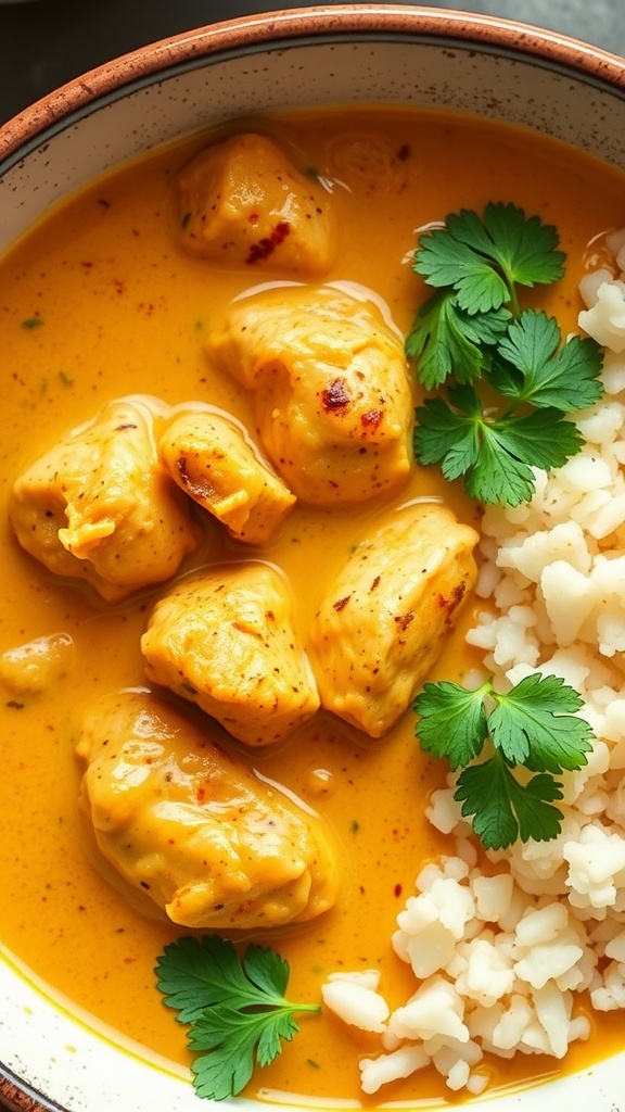A bowl of Keto Coconut Chicken Curry with chicken pieces and cilantro