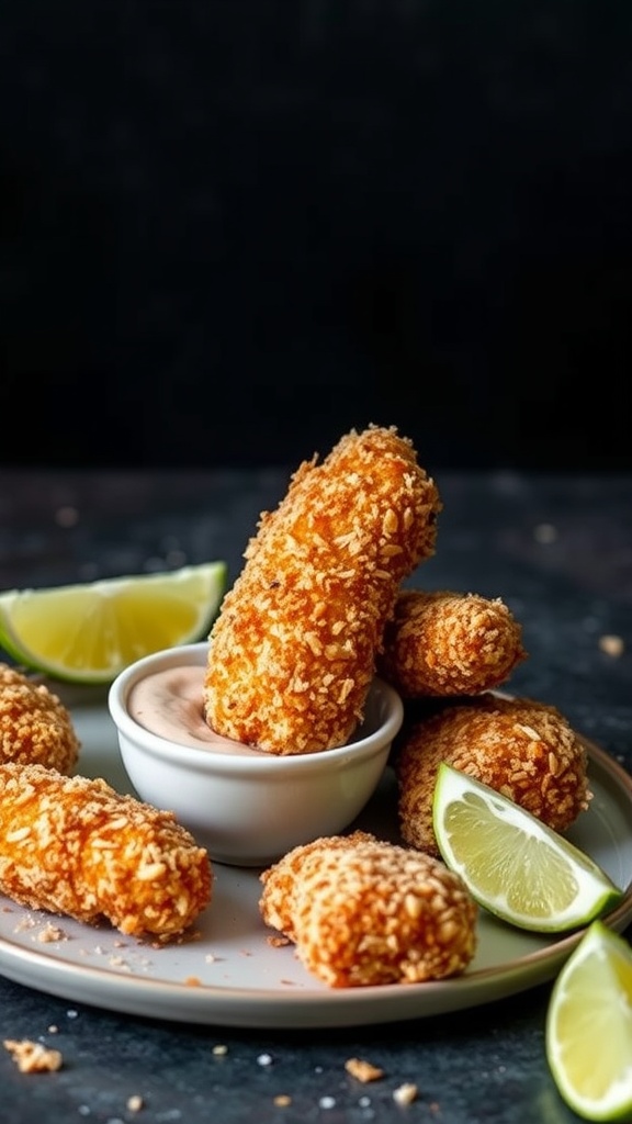 A plate of crispy coconut chicken tenders served with lime wedges and a dipping sauce.