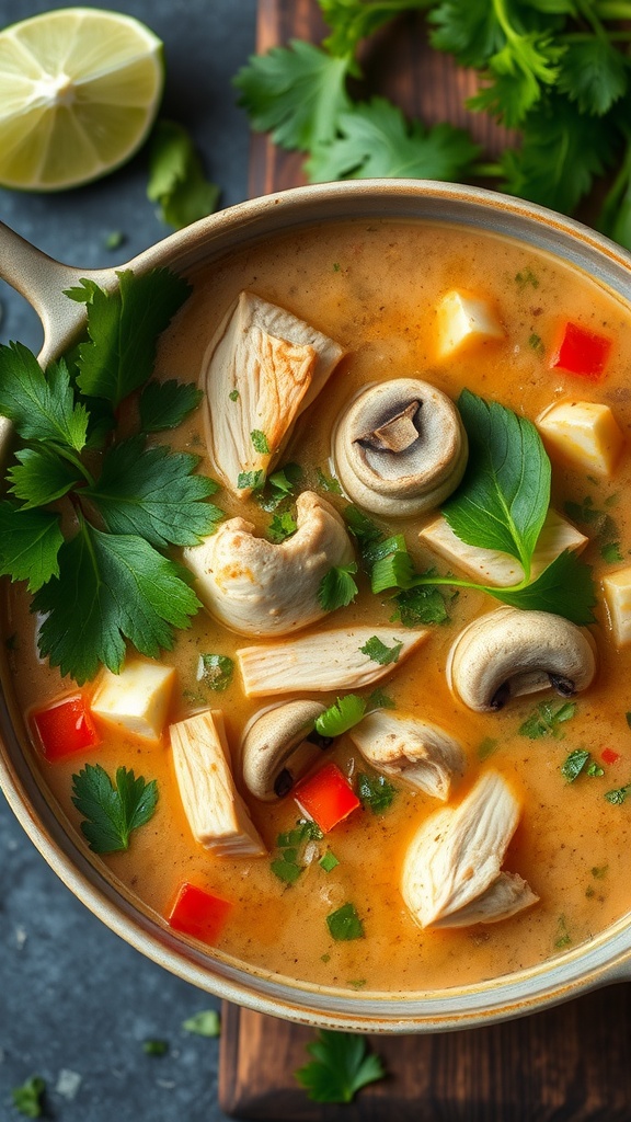 A bowl of keto Thai coconut chicken soup garnished with herbs and lime slices.
