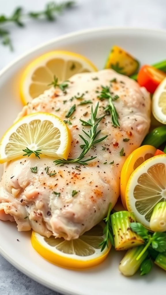 Delicious lemon garlic herb chicken served with fresh herbs and lemon slices.