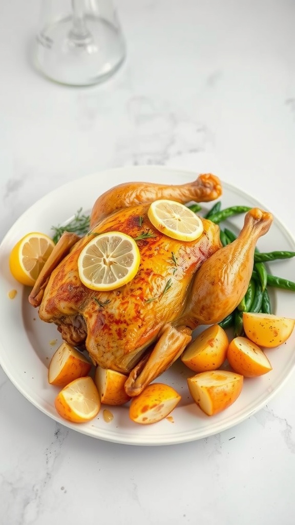 A delicious Lemon Garlic Roasted Chicken served with potatoes and green beans.