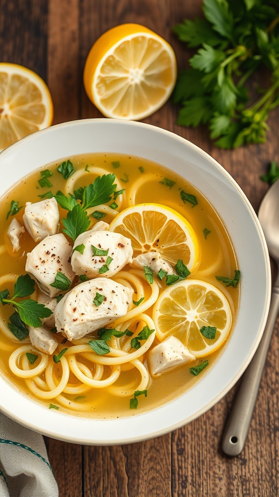 A bowl of Lemon Herb Chicken Soup with Zucchini Noodles garnished with parsley and lemon slices.