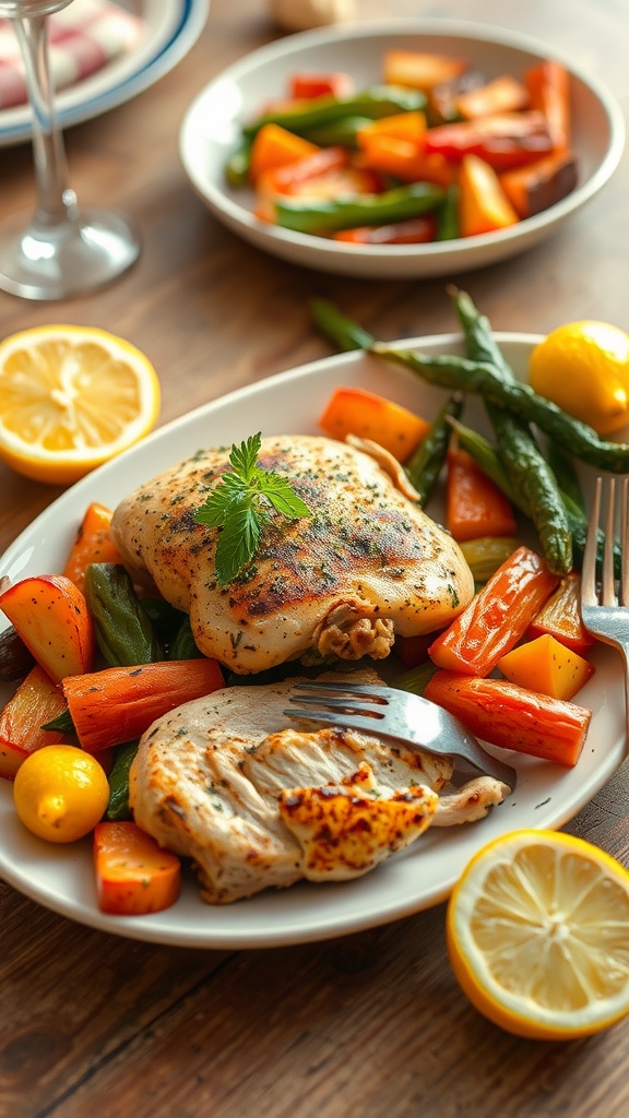 A plate of lemon herb chicken with mixed vegetables, garnished with lemon and herbs.