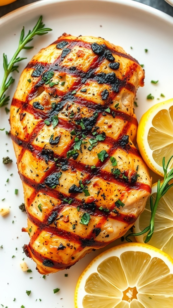 Grilled lemon herb chicken breast served with lemon slices and herbs.