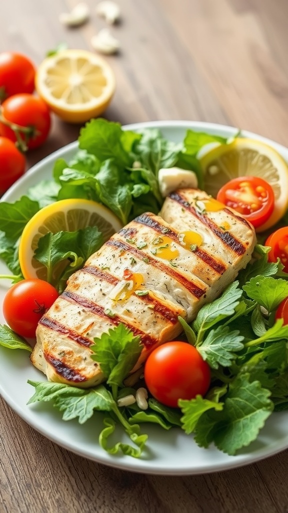 A vibrant Lemon Herb Grilled Chicken Salad with grilled chicken, greens, and cherry tomatoes.