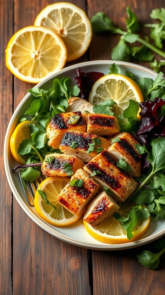 Lemon herb grilled chicken salad with fresh greens and lemon slices
