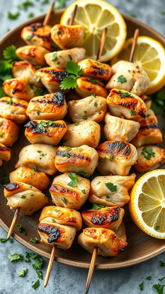 Lemon Herb Grilled Chicken Skewers arranged on a plate with fresh herbs and lemon slices.