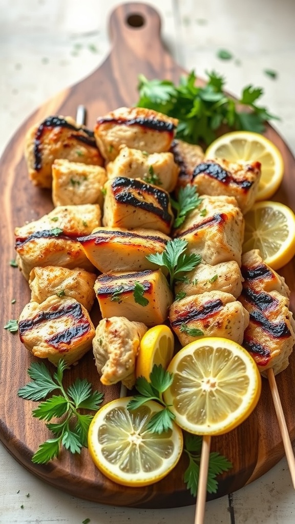Lemon Herb Grilled Chicken Skewers on a wooden board with lemon slices and fresh herbs.