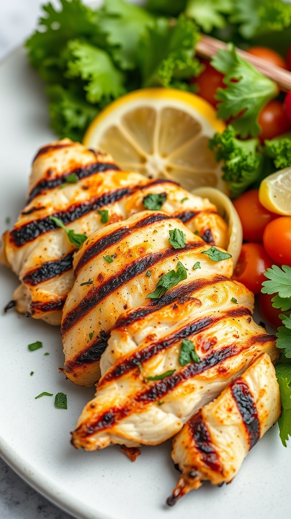 Grilled chicken strips garnished with parsley and lemon slices