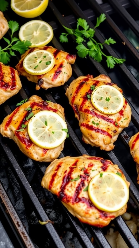 Lemon Herb Grilled Chicken Thighs on a grill