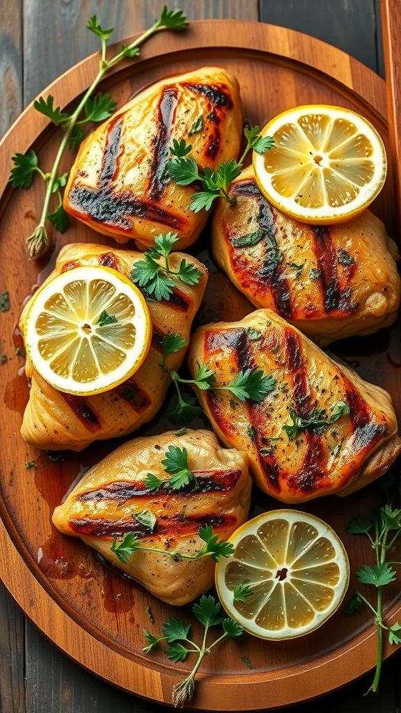 Lemon herb grilled chicken thighs garnished with parsley and lemon slices.