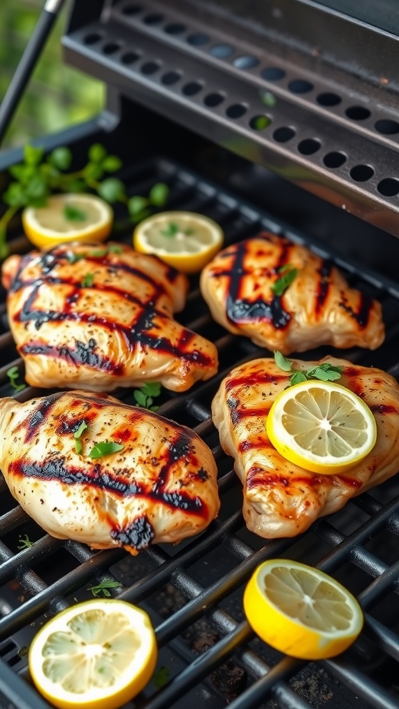 Grilled chicken thighs with lemon slices and herbs