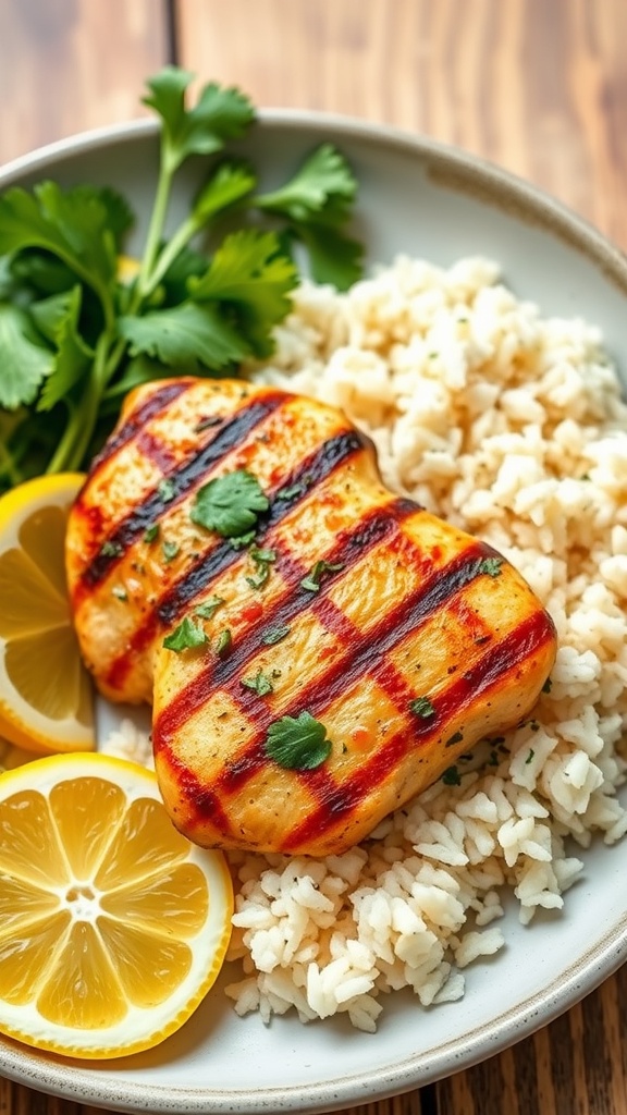 Grilled chicken breast served on a plate with cilantro rice and lemon slices.