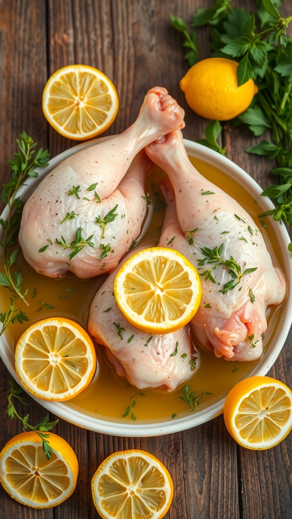Grilled chicken legs marinated in lemon and herbs.