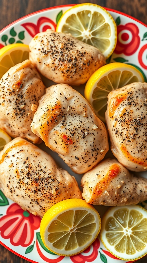 Lemon pepper chicken on a colorful plate with fresh herbs and lemon slices.
