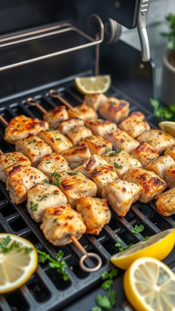 A platter of grilled chicken skewers seasoned with lemon and pepper, garnished with fresh parsley and lemon wedges.